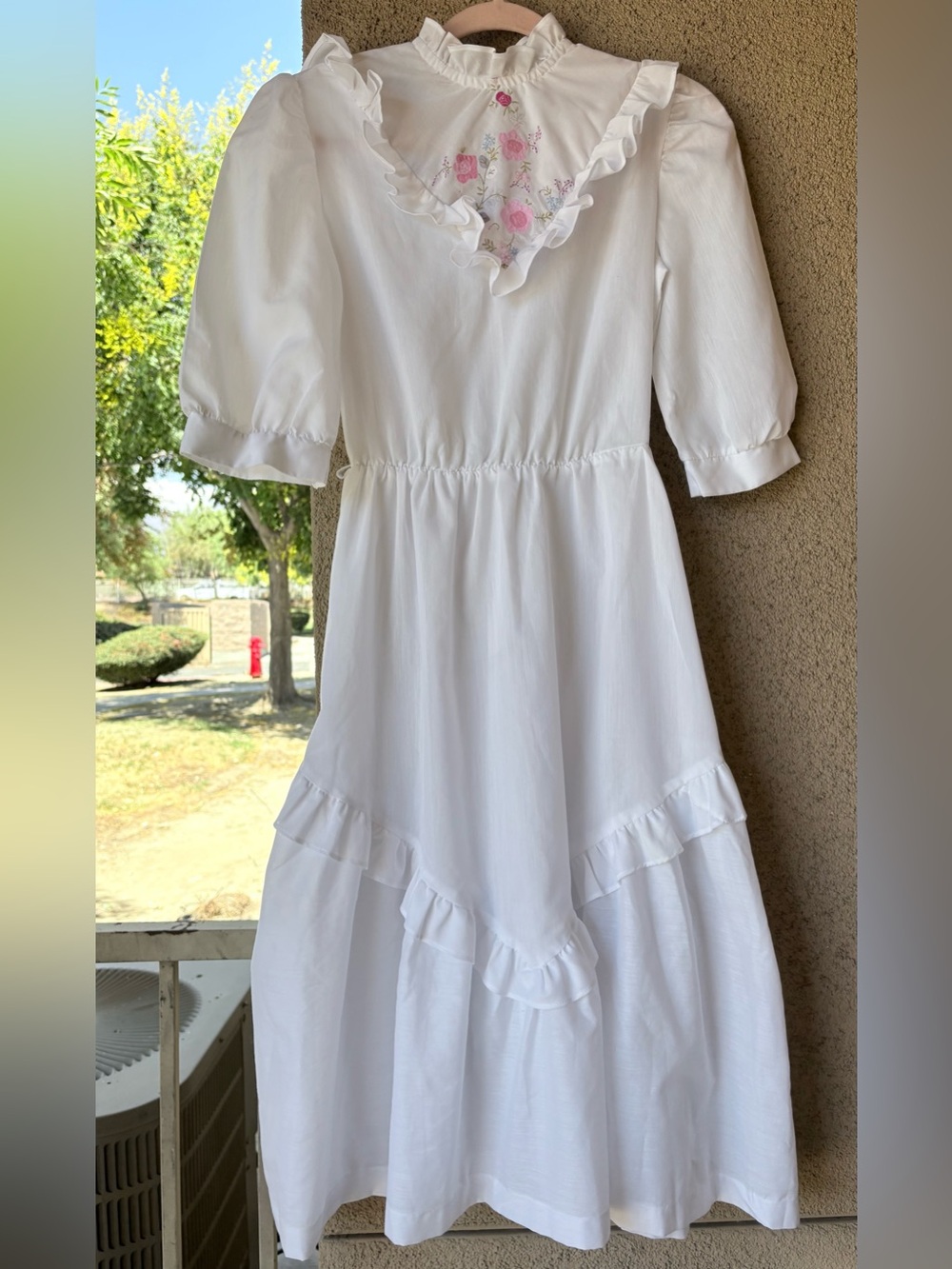 Vintage White Cotton Prairie Cottagecore Dress Embroidered Ruffle Midi
